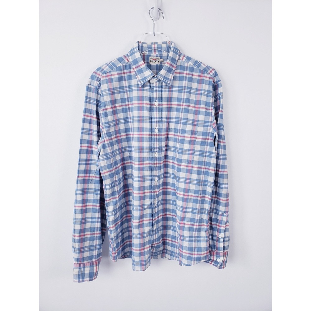 Faherty Movement  Button Up Shirt Stretch Long Sleeve Blue Plaid Size‎ Large